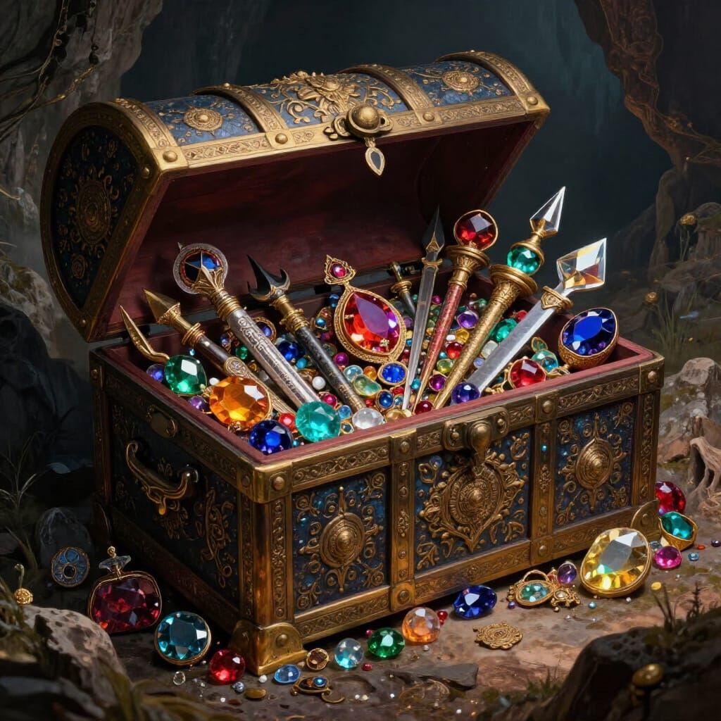 Ornate Treasure Chest Overflowing with Gems and Weapons in M...