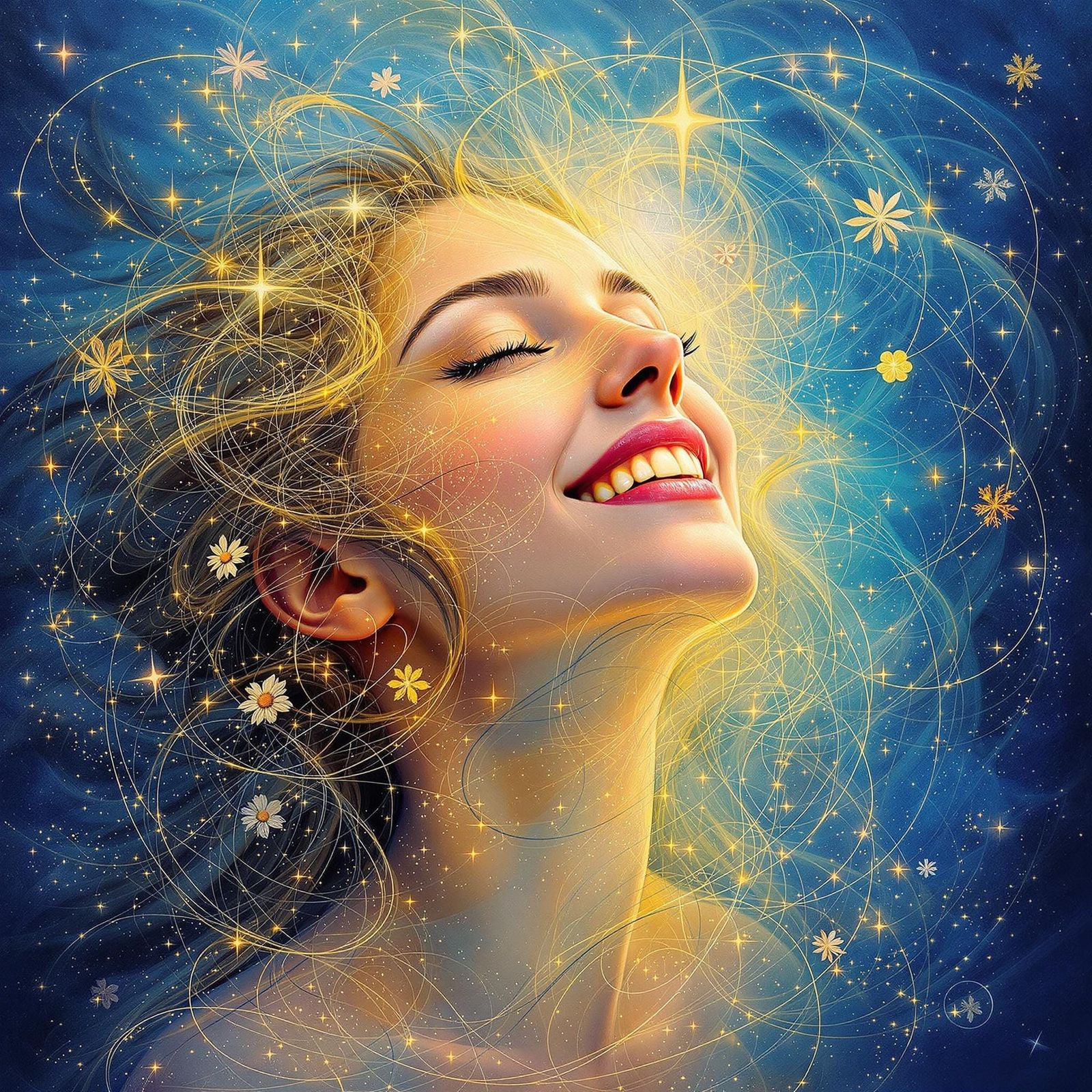 Woman in Radiant Joy, Amidst Shimmering Light and Soft Blue....