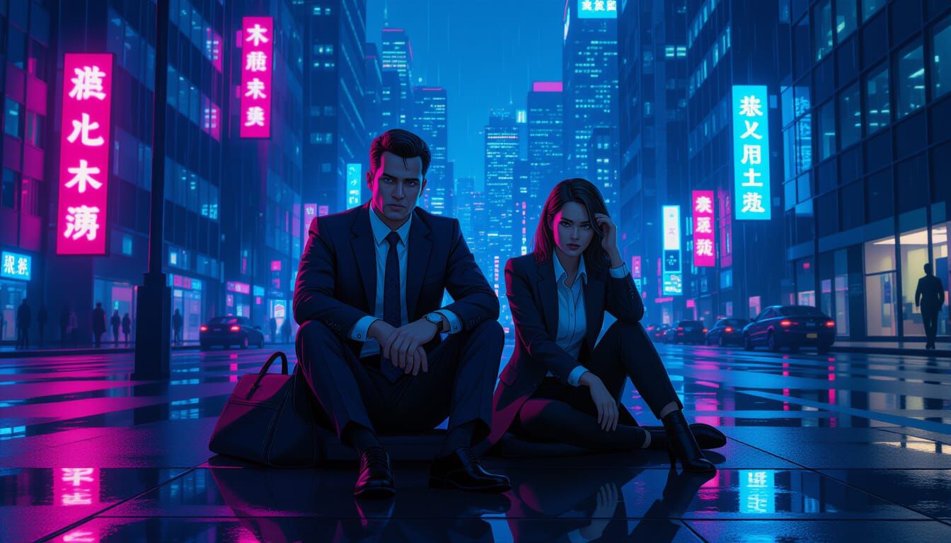 Exhausted Office Workers in Neon Cityscape
