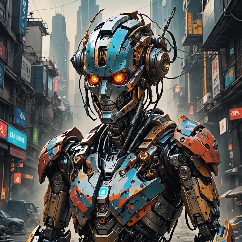 Realistic Half-Robot Man in Anime Style