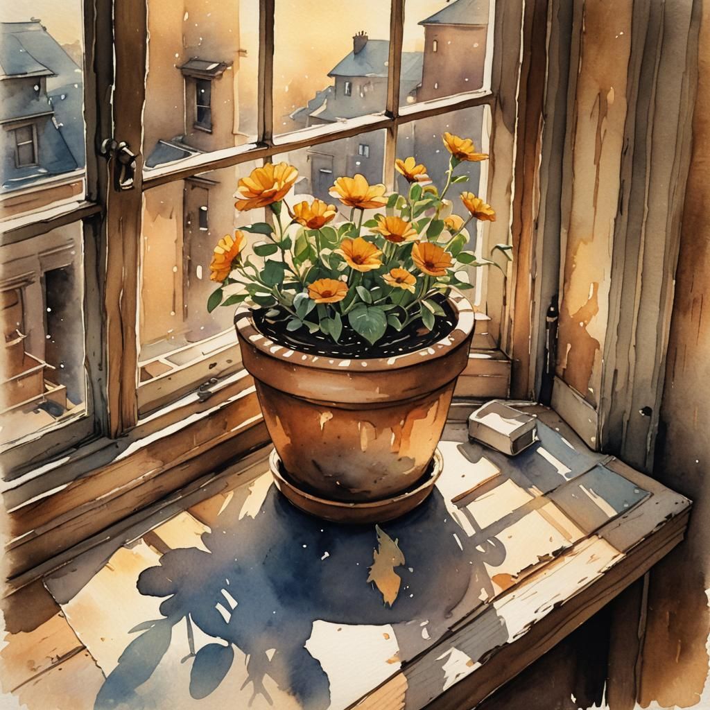 Empty Flowerpot: Watercolor Illustration in Shabby Chic Styl...