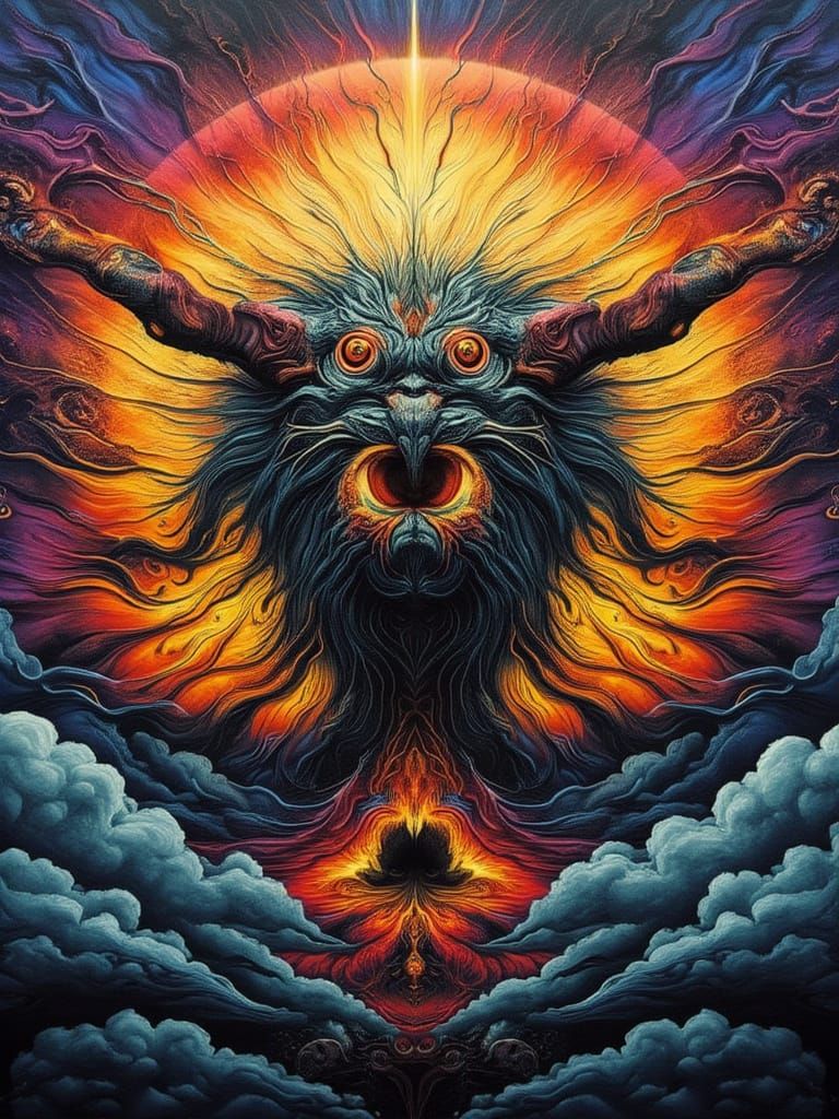 Man Mutation with Peacock and Butterfly Wings on Fiery Sky