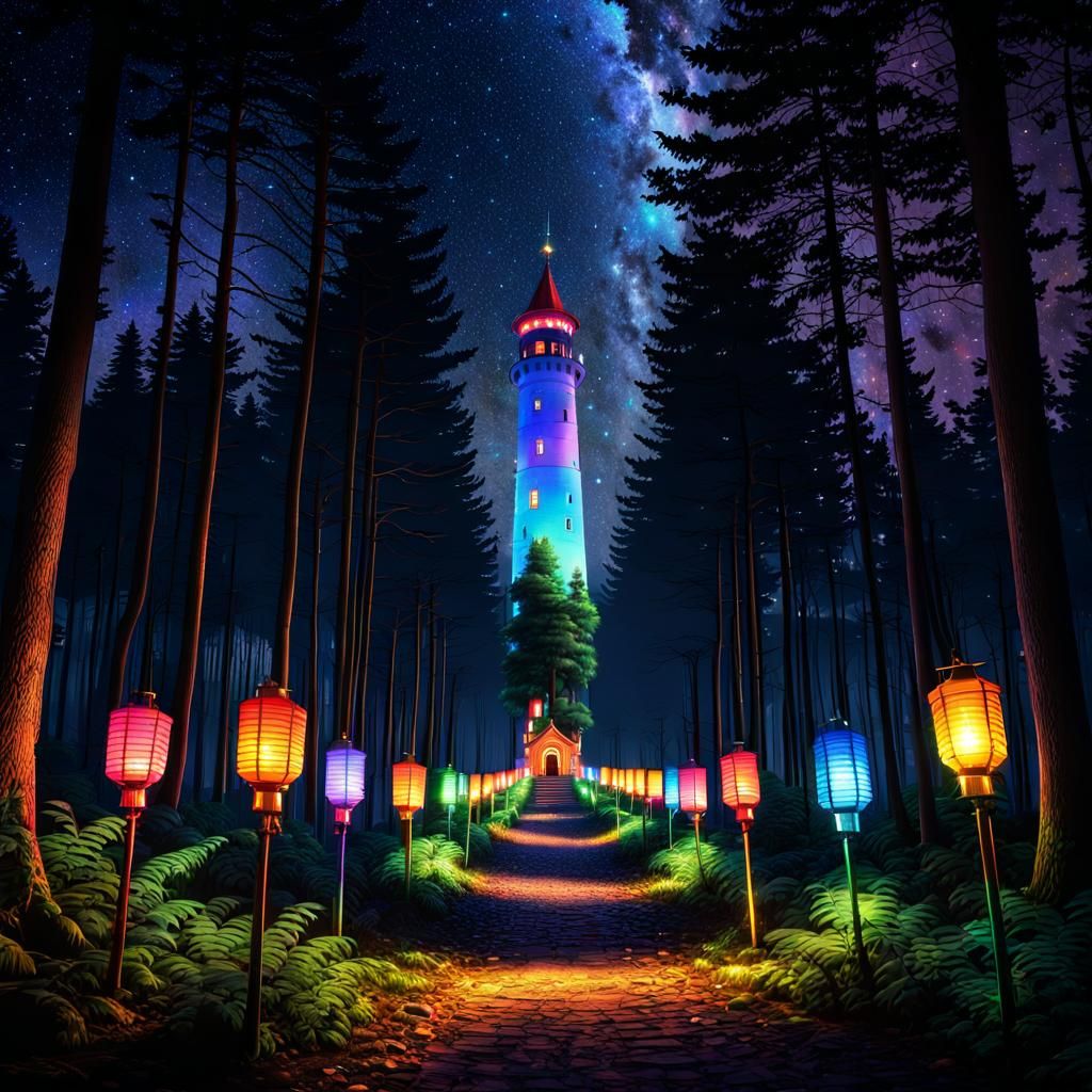 Glowing Path to the Starlit Tower: A Magical Forest Lantern Display