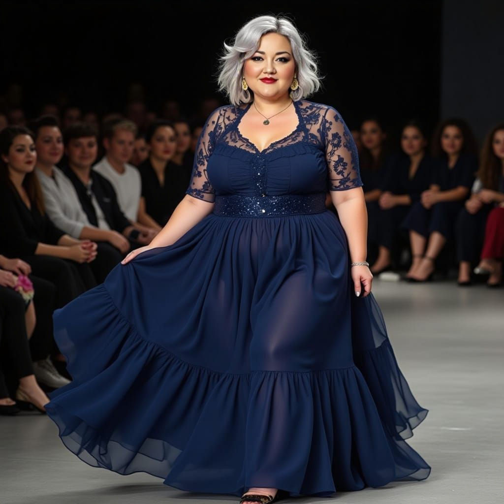 Plus Size Model on Runway in Dark Blue Dress