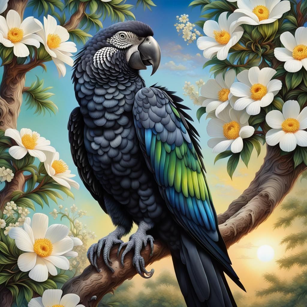 Sleek Black Parrot in Twinkling Sunshine