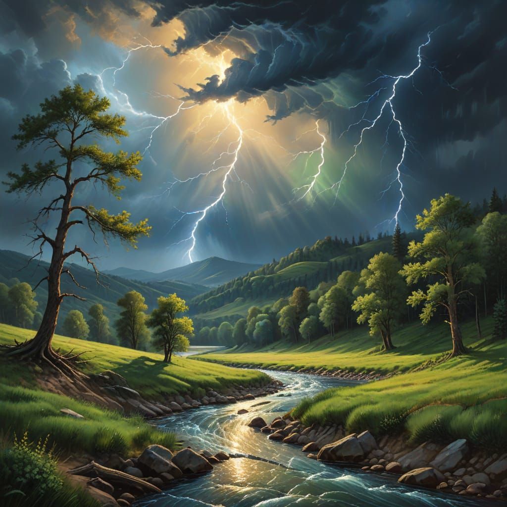 Dramatic Landscape Painting with Stormy Skies