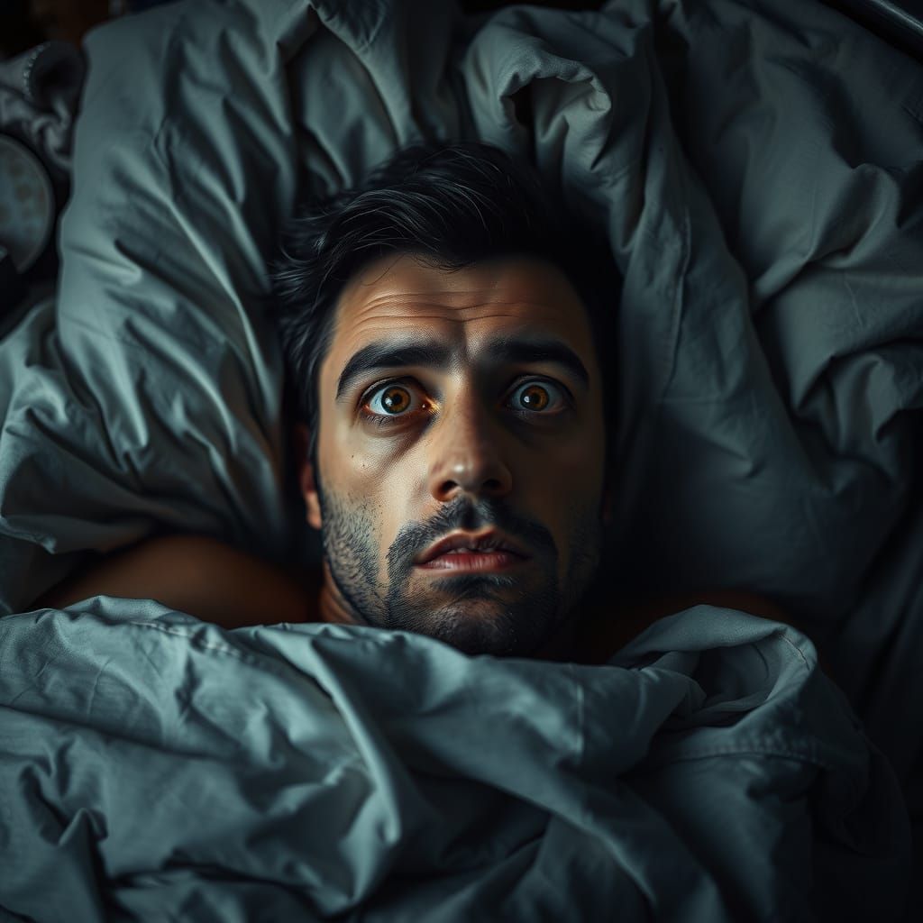 Exhausted Man in Darkened Bedroom