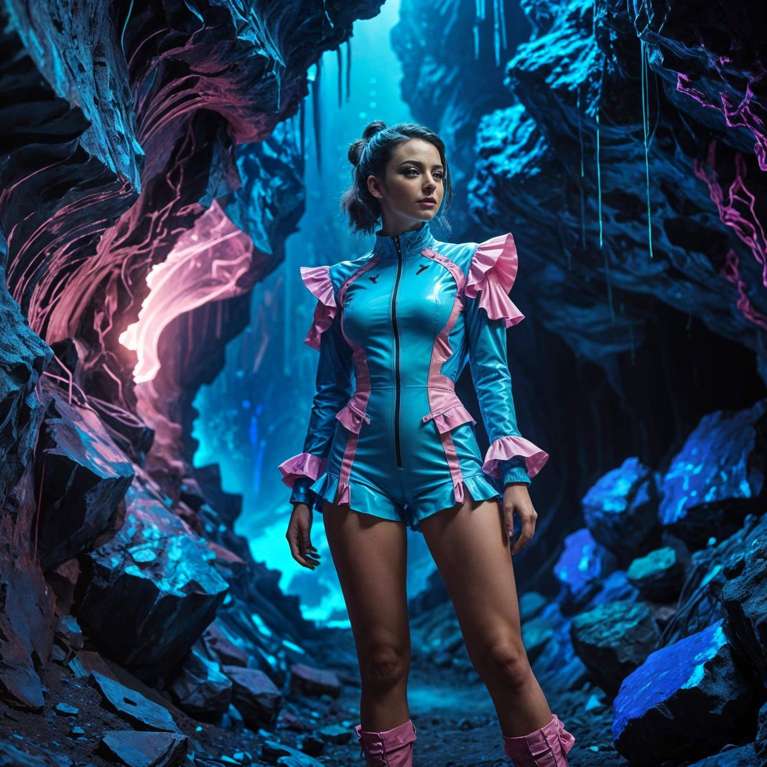 Cyberpunk Explorer in Pastel Blue Cave