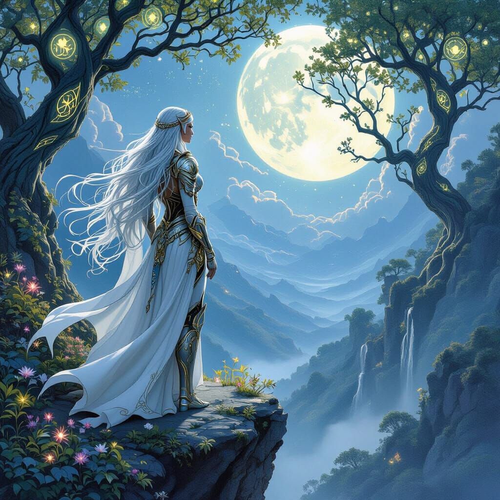 Enchanted Elven Woman Overlooking Forest in Art Nouveau Styl...