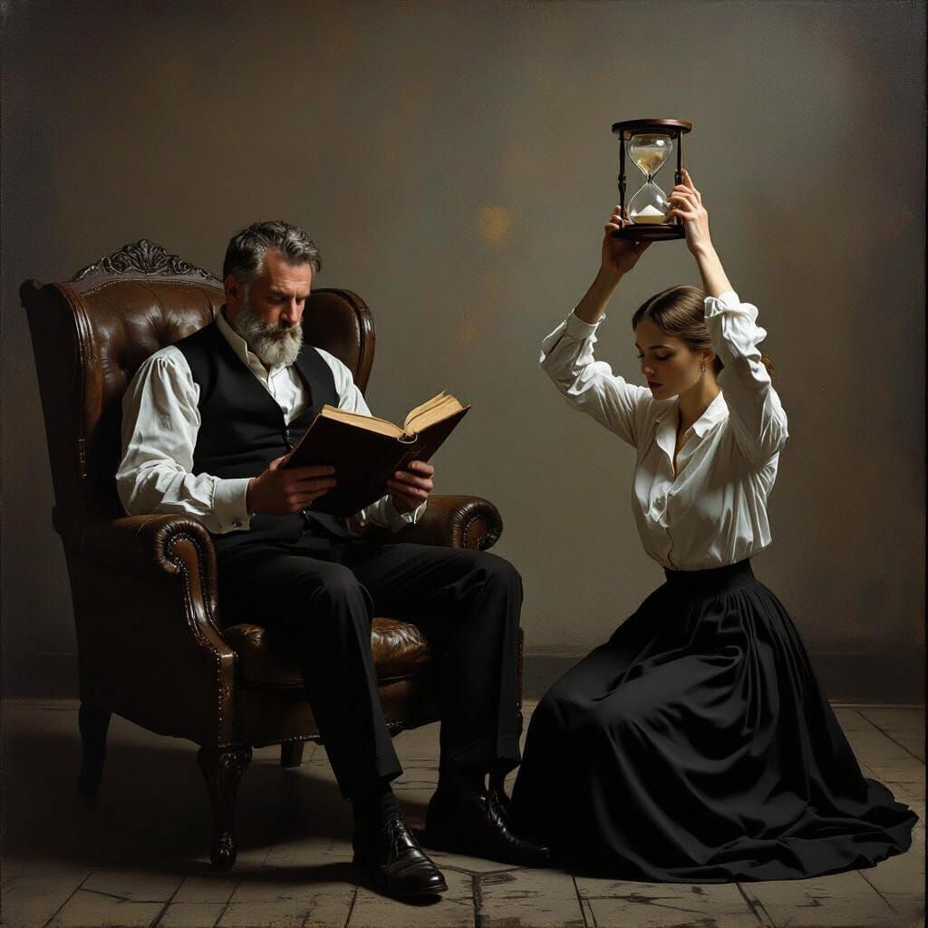 Dramatic Scene: Man Reading, Woman Holds Hourglass