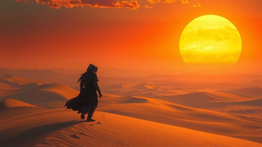 Mysterious Desert Stalker Under Dual Sunset Sky
