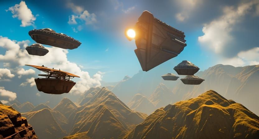 Triangular Spaceship Over Mountain Waterfall, Steampunk Styl...