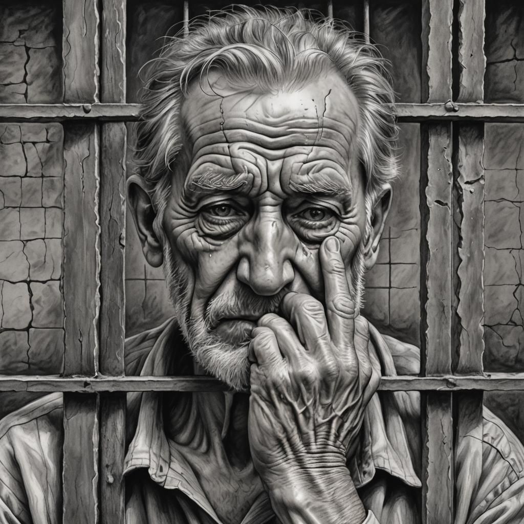 Bas-Relief of Sad Old Man Behind Bars