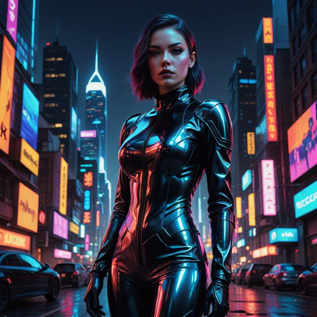Neon Noir Goddess in Metallic Latex