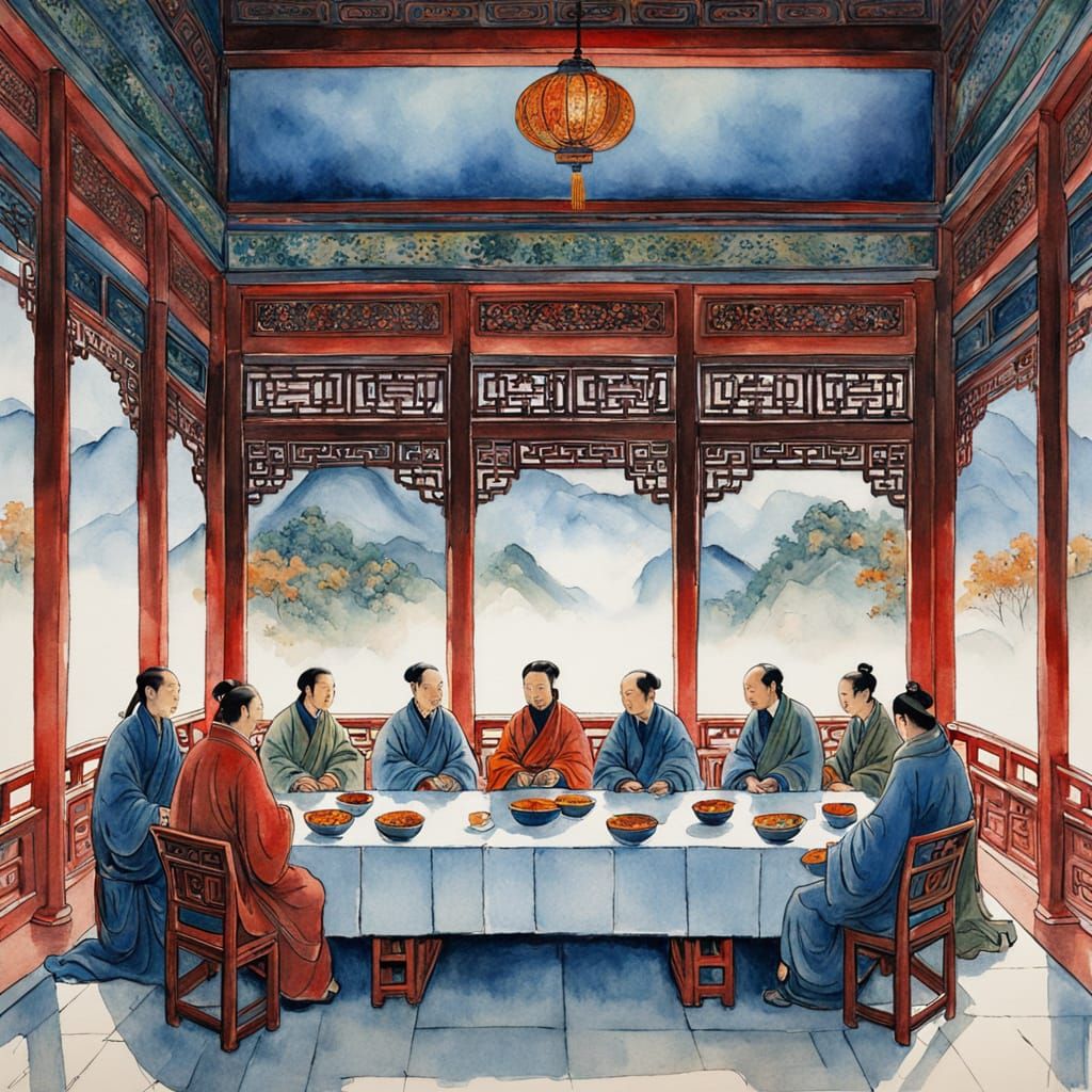 Chinese Watercolor Last Supper in Ornate Palace