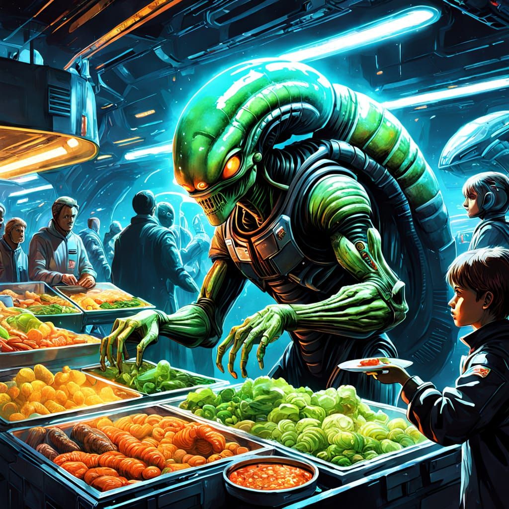 Alien Food Market in Hyper-Realistic Sci-Fi Style