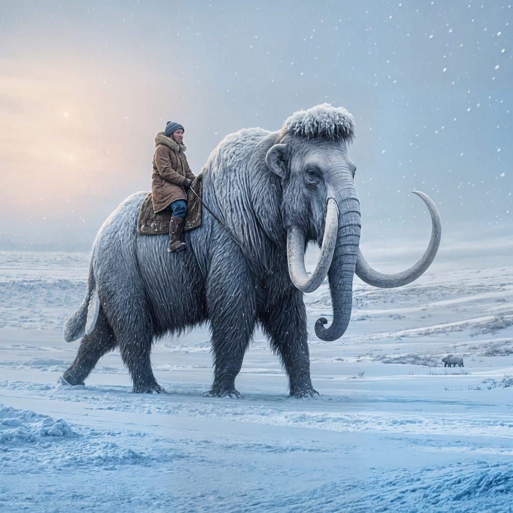 Woolly Mammoth Ride Through Snowy Landscape