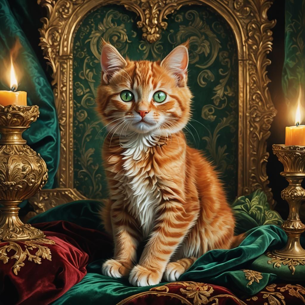 Ginger Kitten in Lavish Chamber, Baroque Oil Painting
