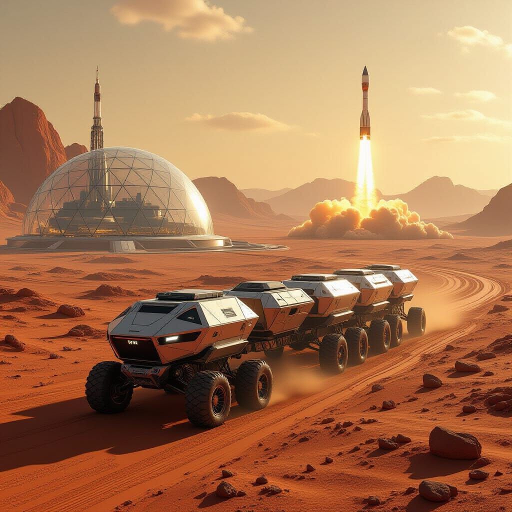 Mars Explorer Vehicle Hauling Trailers Near City