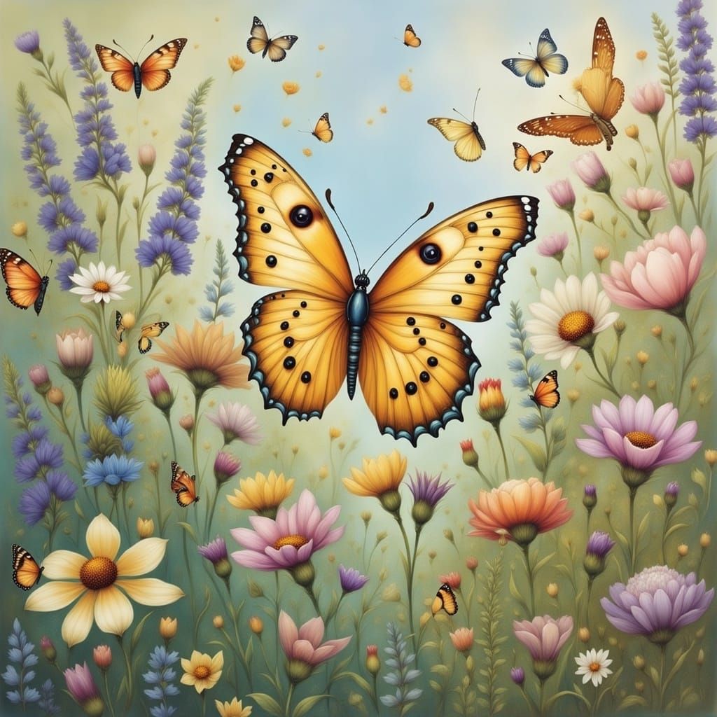 Wildflowers, Herbs, and Butterfly in Impressionistic Style