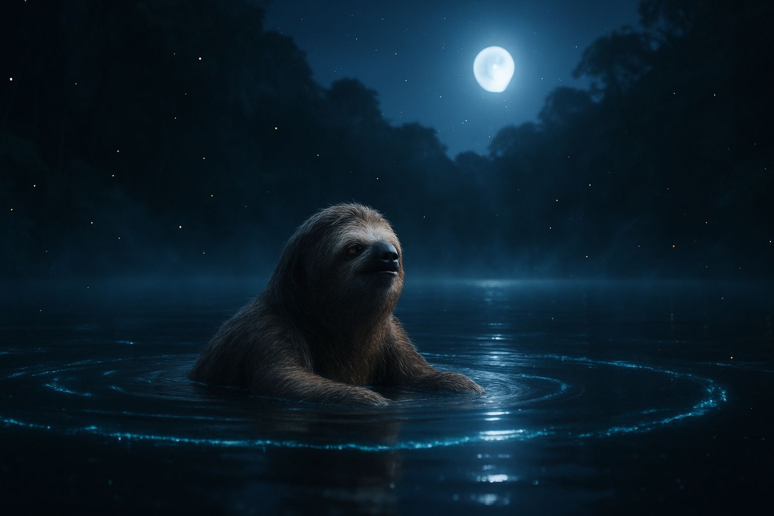 Bioluminescent Sloth on Moonlit Rainforest River