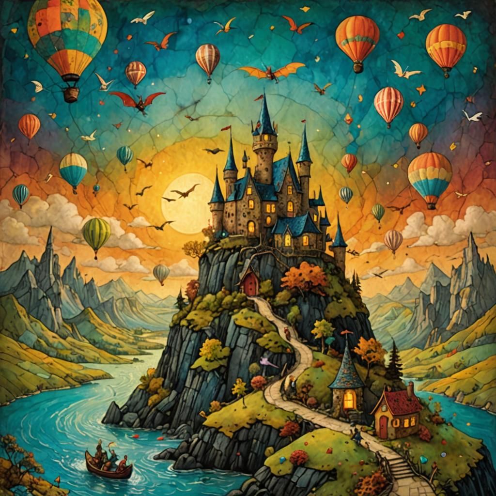 Fairytale Island with Dragons and Fairies at Sunset