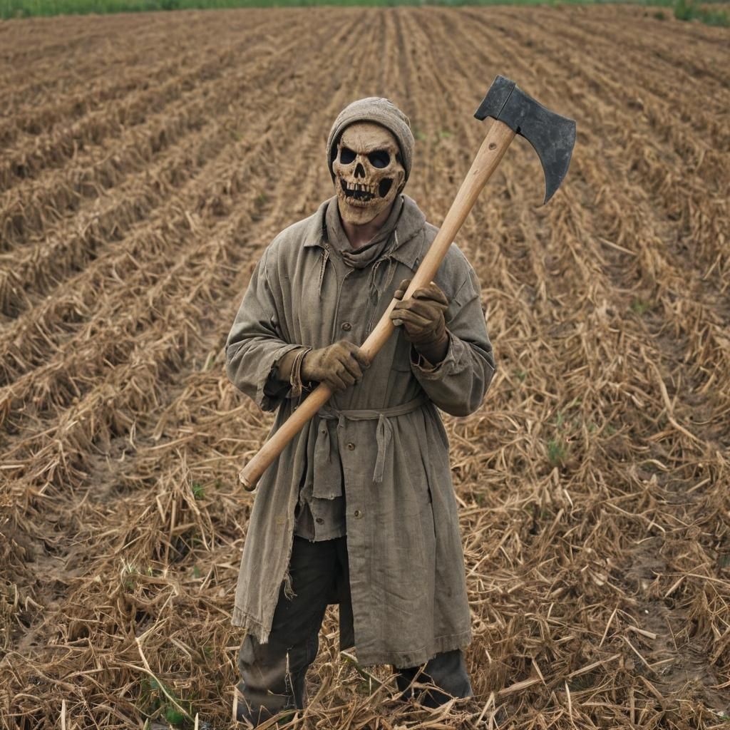 Scary Scarecrow with Axe in Field
