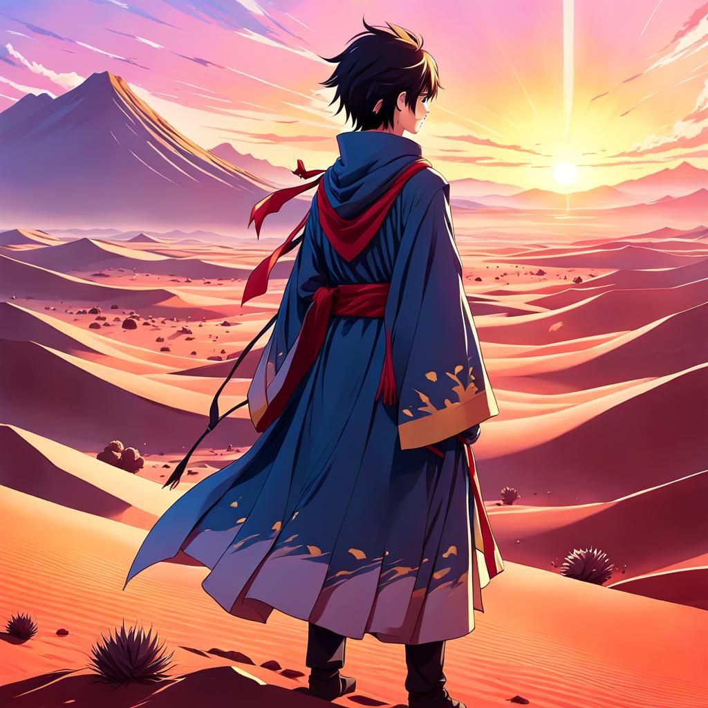 Anime Desert Sunrise with Figure in Robes