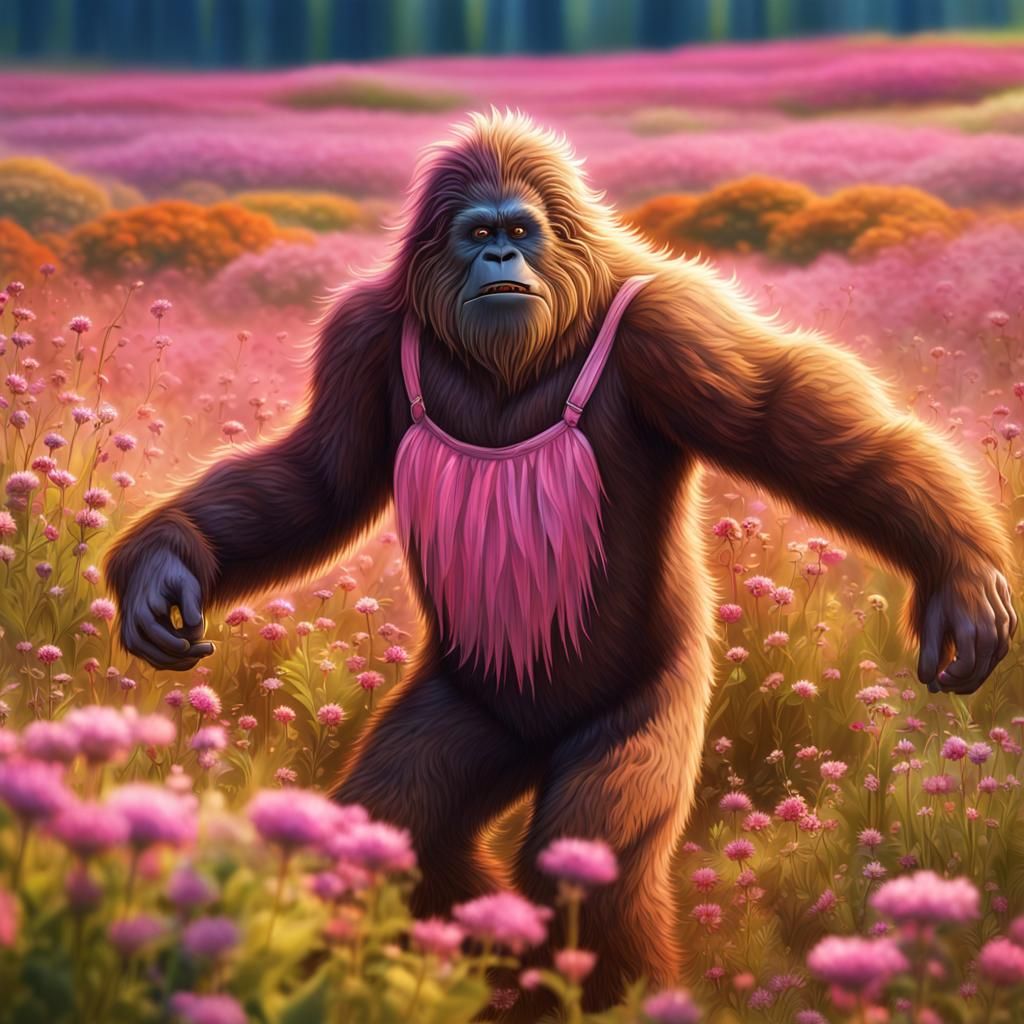 Bigfoot Dances in Wildflowers as 3D Cartoon