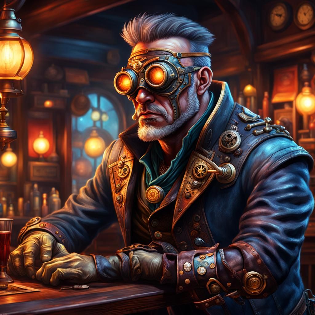 Steampunk Cyclops Assassin in a Western Bar