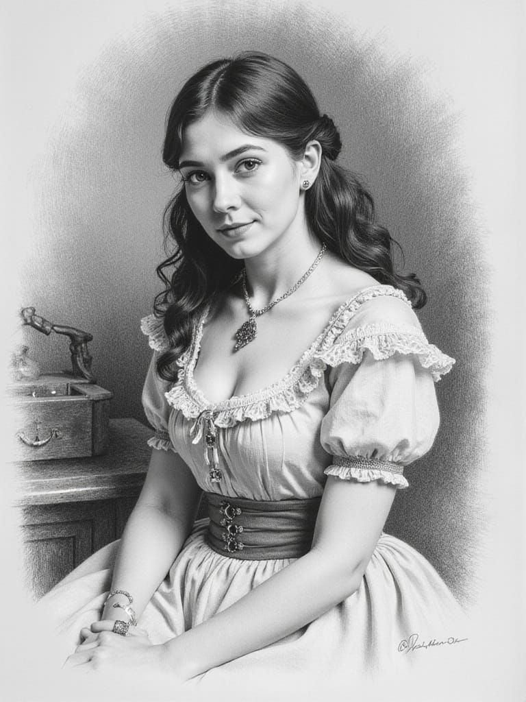 Victorian Lady in Shy Smile Pencil Sketch