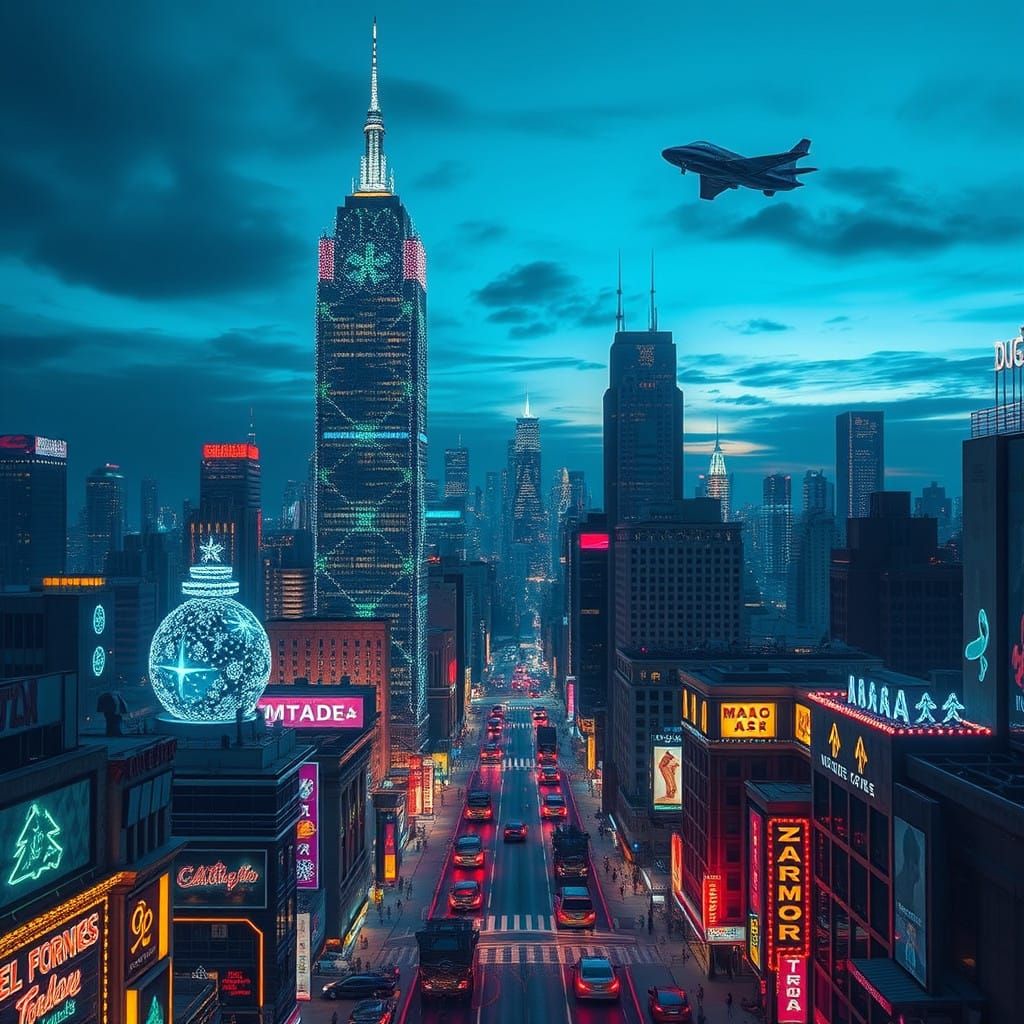 Futuristic Christmas Metropolis in Cyberpunk Style