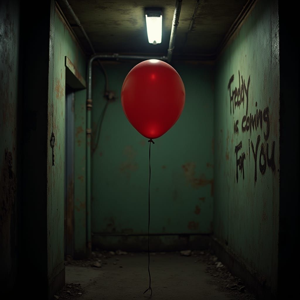 Ominous Red Balloon in Abandoned Boiler Room