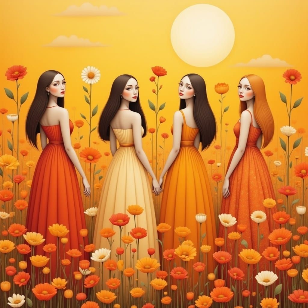 Floral Monochromatic Meadow: Girls and Blossoms