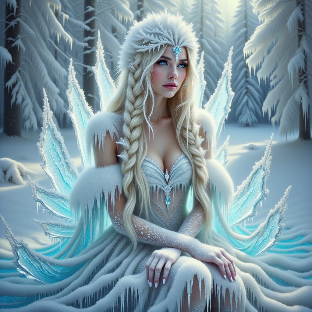 Regal Ice Queen on Throne in Snow-Covered Forest