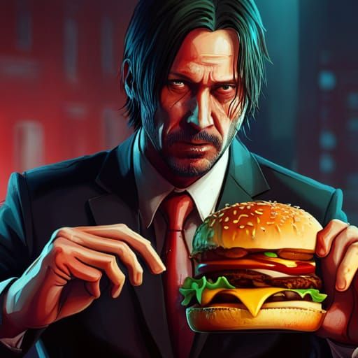 Bloody  john wick zombie eating a cheeseburger, unreal enigine, 4k resolution, stunning visuals