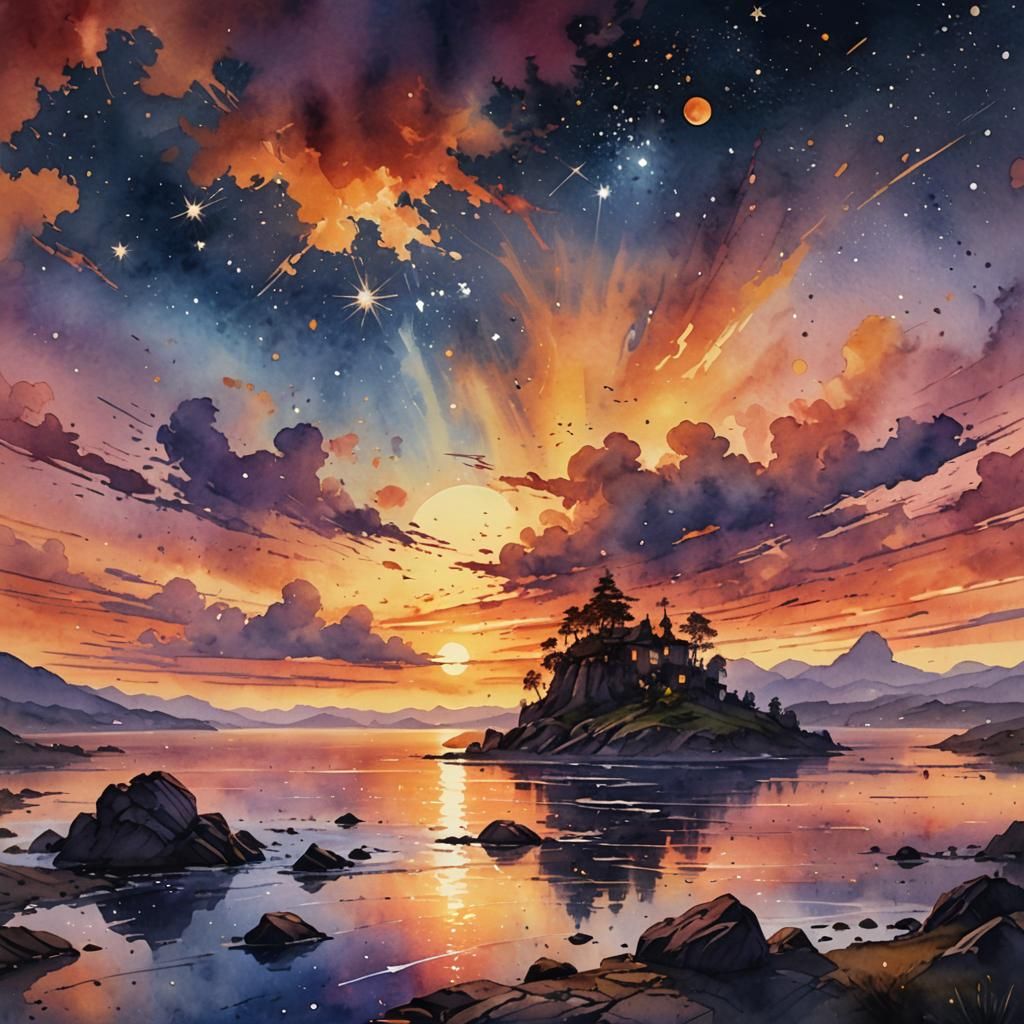 Watercolor Sunset with Stars: Fantasy Concept Art