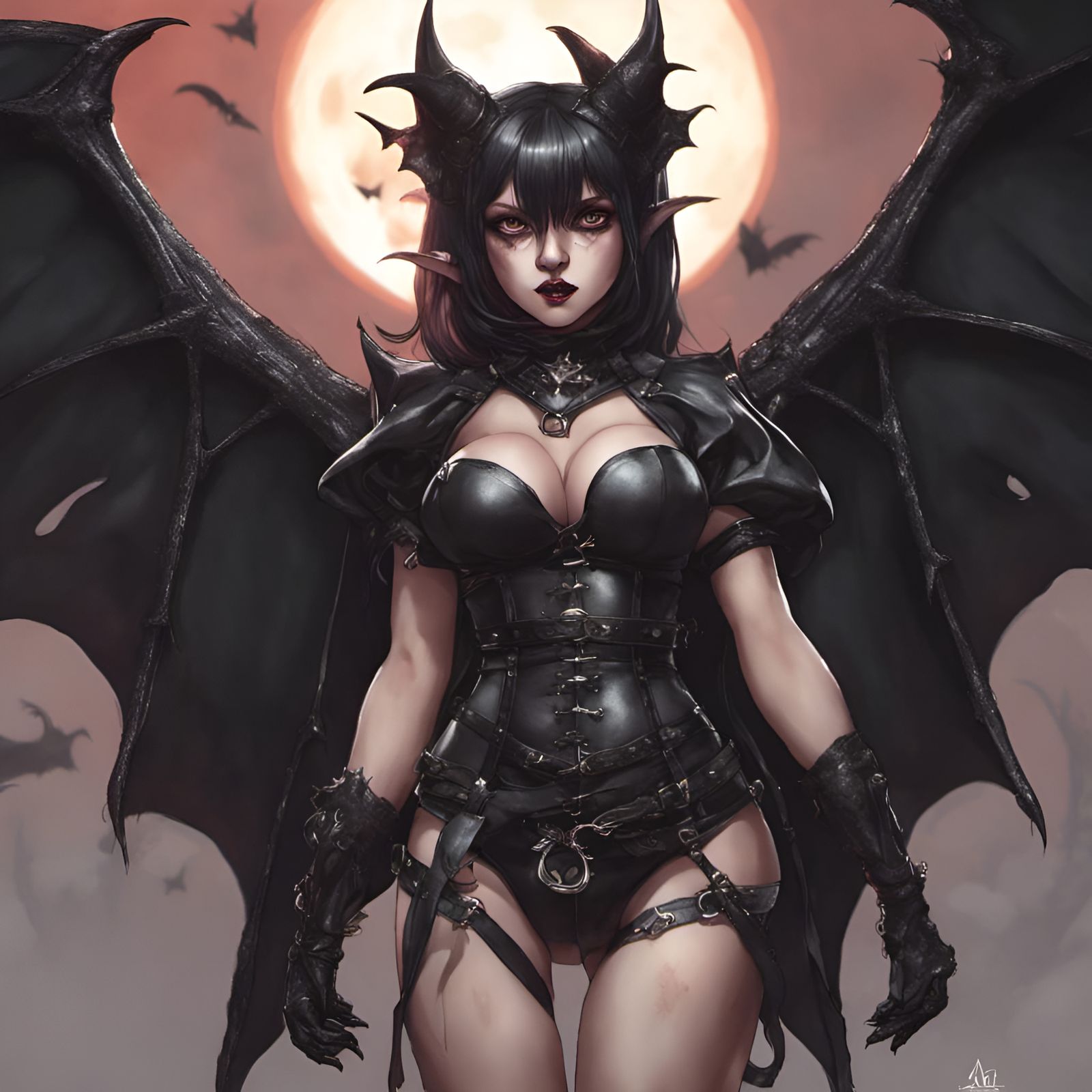 Demonic Girl with Bat Wings in Manhwa Style
