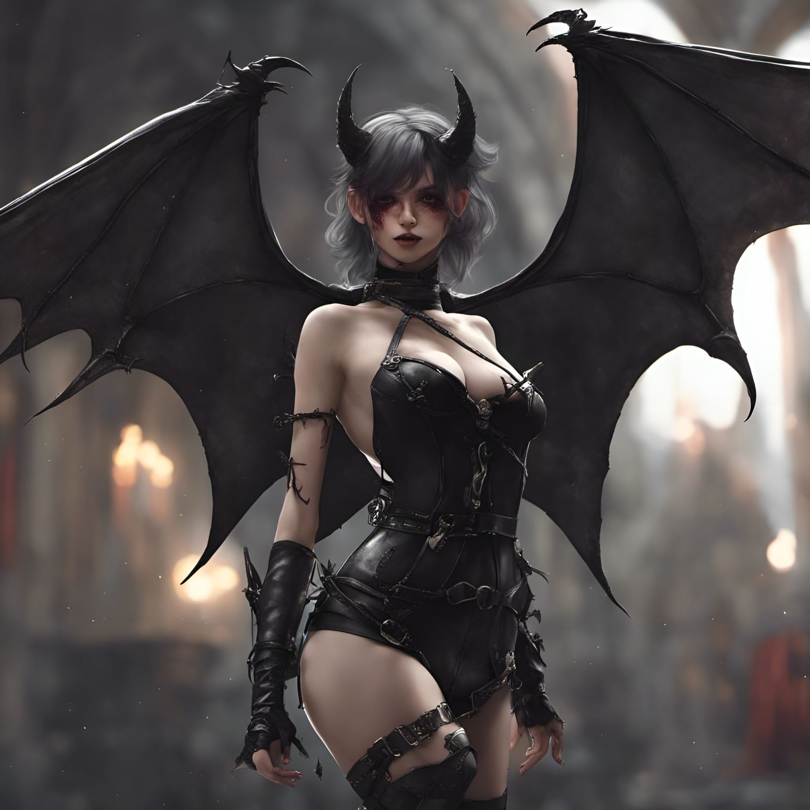 Flirty Demon Girl with Bat Wings in Manhwa Style