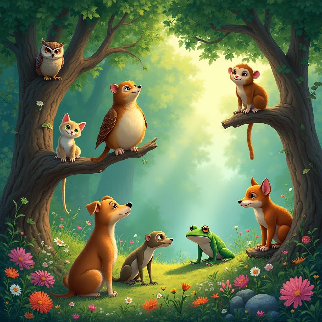 Enchanted Whimsical Forest Scene in Hayao Miyazaki Style