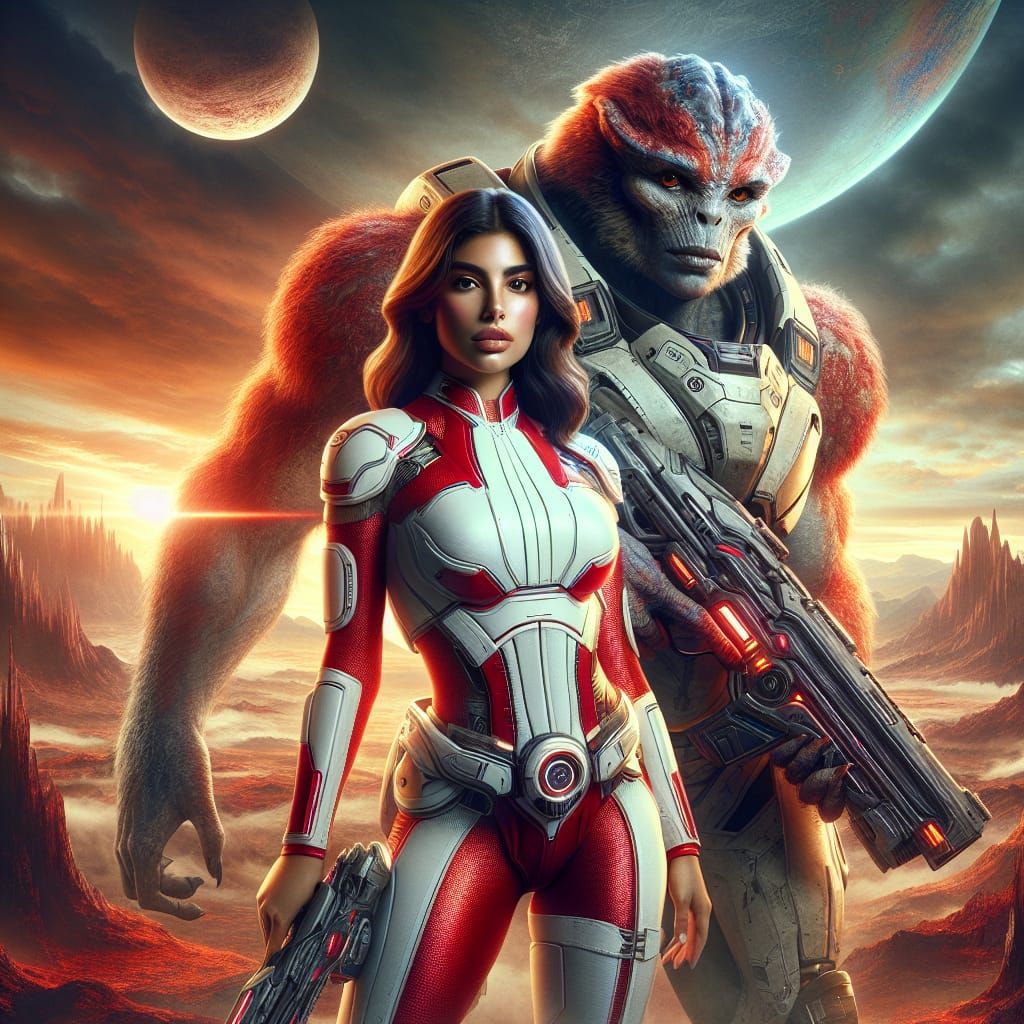 Sci-Fi Brunette and Armored Creature on Alien Planet