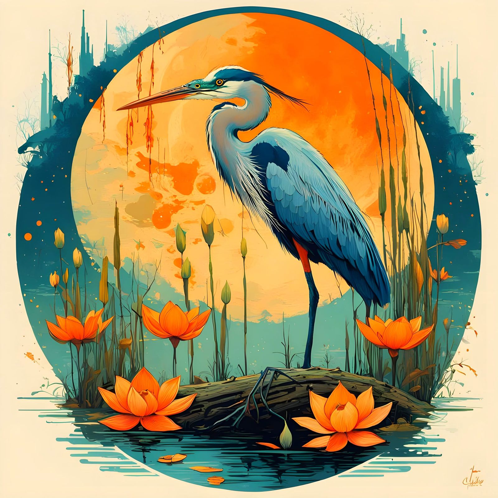 Blue Heron in Pond with Orange Moon, Grunge Texture