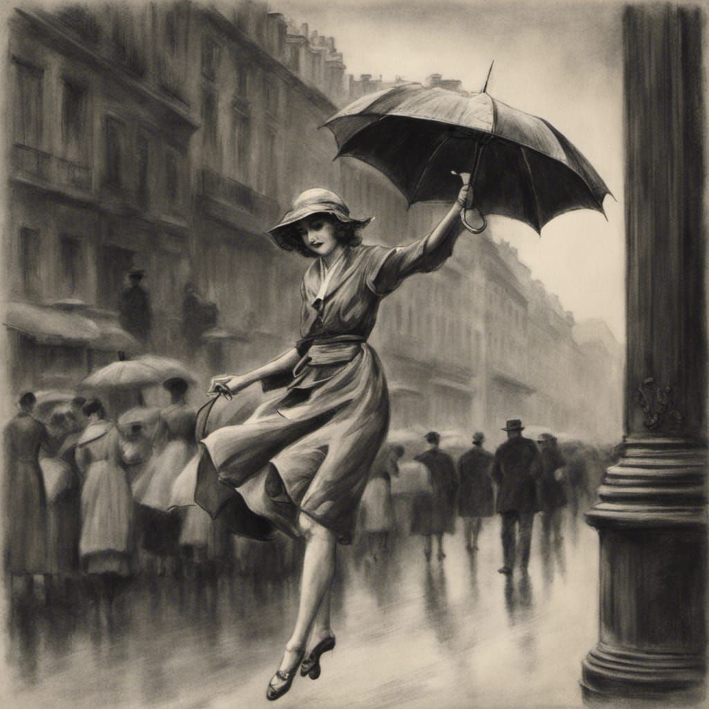 Girl Flies Over Paris in Charcoal Drawing