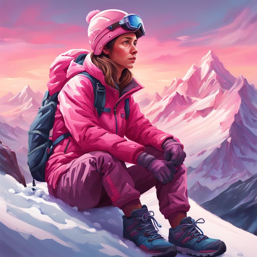 Girl on Mountain Peak in Hyperrealistic Splash Art