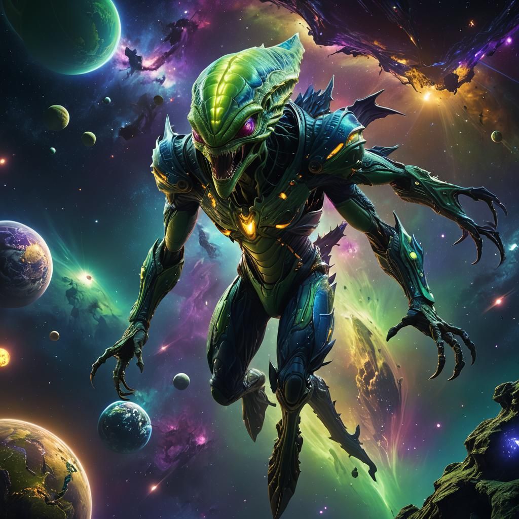 Green Alien Swallows Earth: Sci-Fi Concept Art