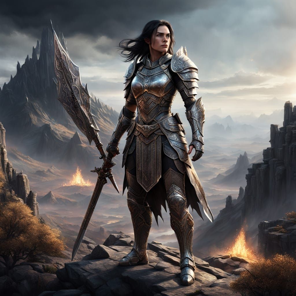 Heroic Female Warrior in Desolate Mountain Landscape
