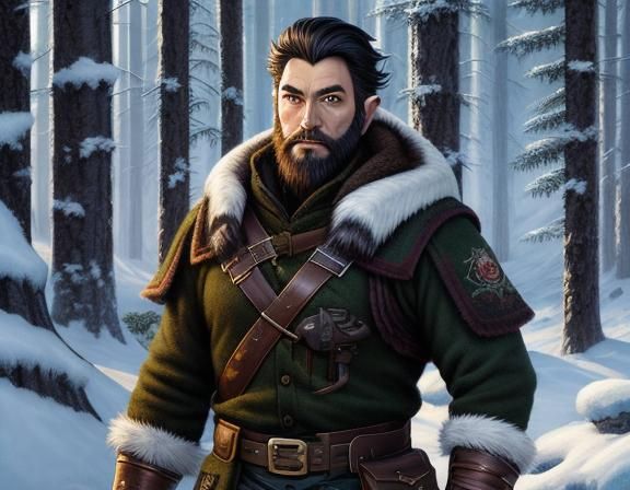 Attractive Elf Hunter in Winter Forest, Comic Book Art