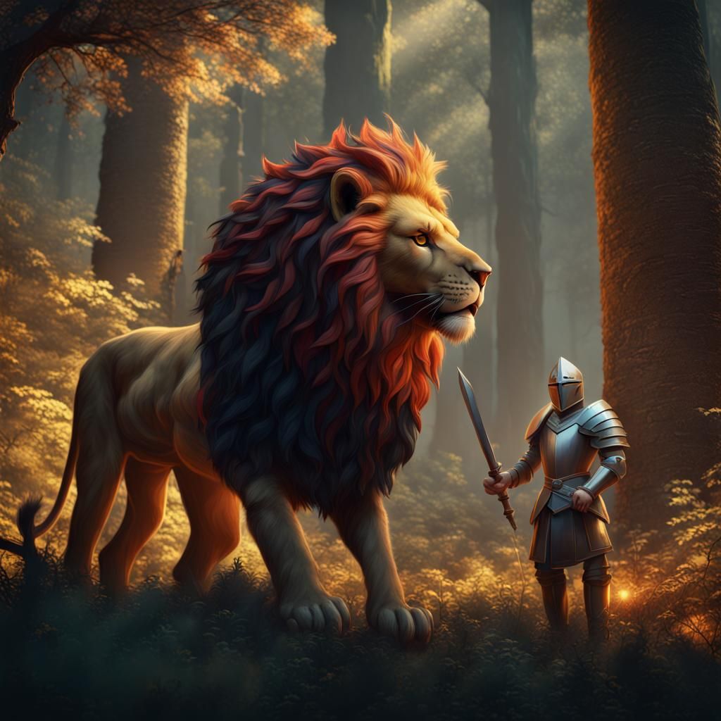 Knight and Lion in Forest: Fantasy Concept Art