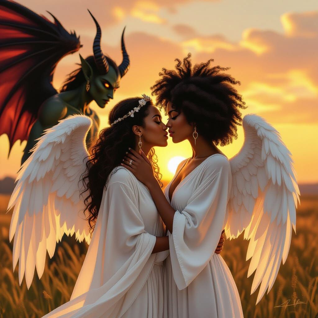 Angel Kisses Woman as Demon Watches Sunset