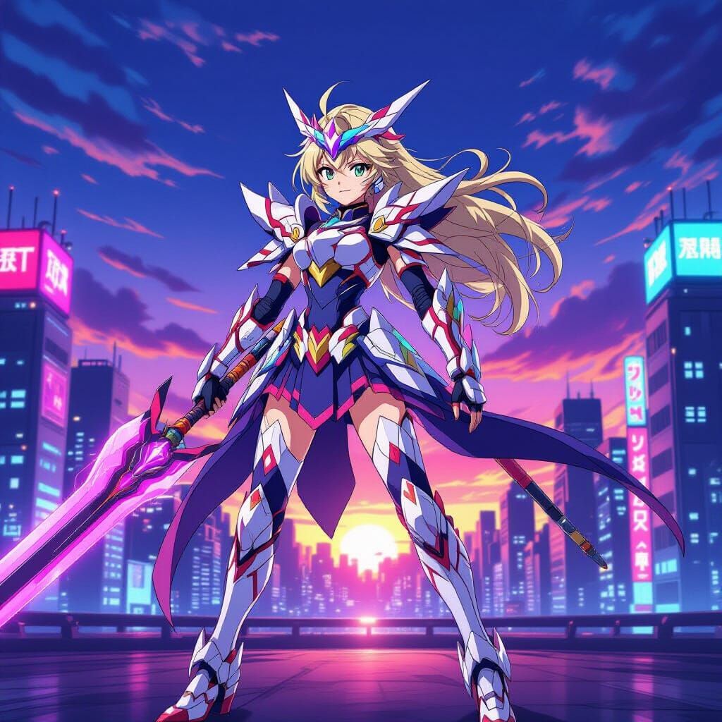 Symphogear Heroine in Neon Cityscape, Anime Style